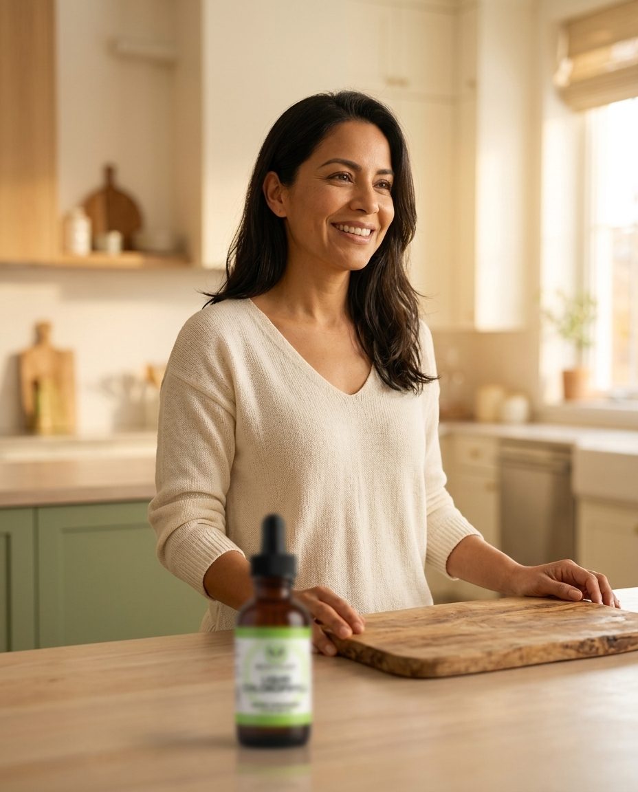 La misma mujer moviéndose cómoda en la cocina